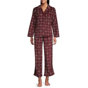 Cabernet By Sleep Sense Red Blue Tile Print Long Sleeve Notch Collar Pajama Set